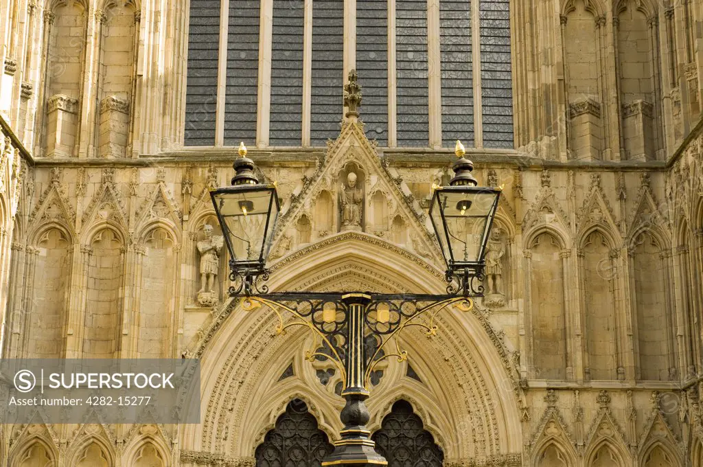 England, North Yorkshire, York. A lamppost outside the West Front of York Minster.