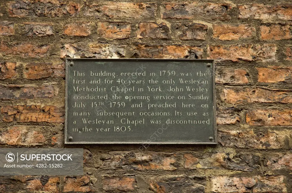 England, North Yorkshire, York. Plaque to commemorate the only Wesleyan Methodist Chapel in York between the years 1759 and 1806.