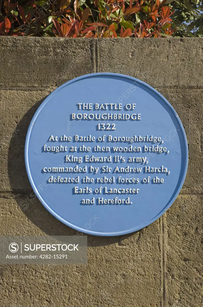 England, North Yorkshire, Boroughbridge. Plaque to commemorate the Battle of Boroughbridge 1322.