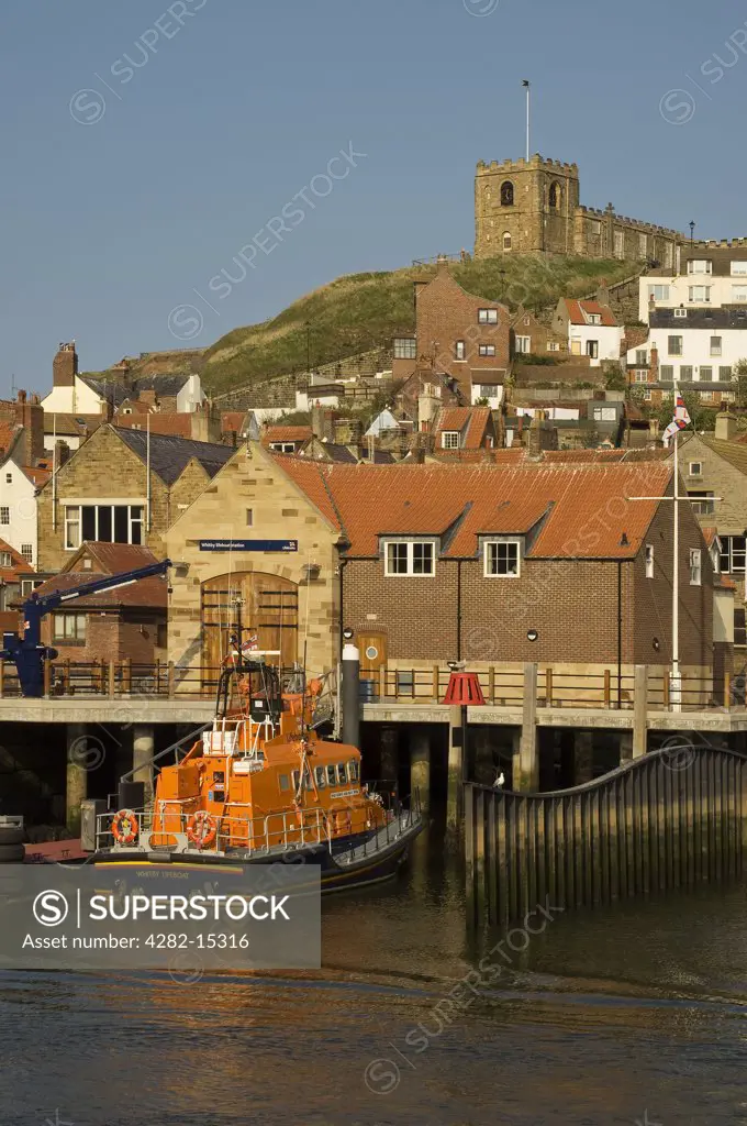 England, North Yorkshire, Whitby. The RNLI lifeboat George and Mary Webb moored outside the lifeboat station in Whitby Harbour.