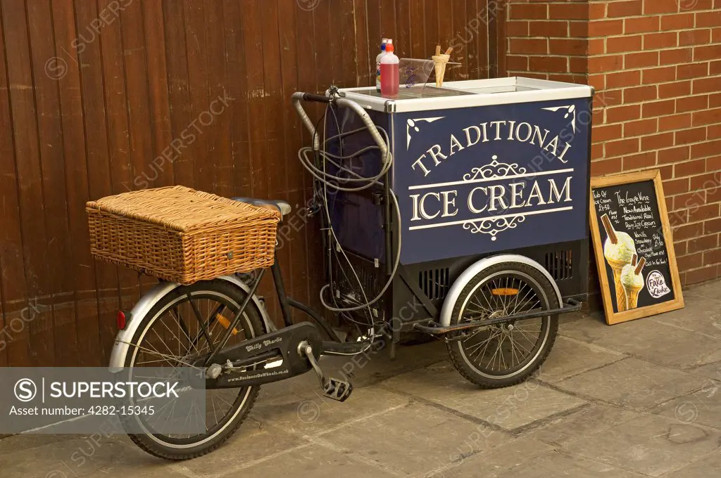 England, North Yorkshire, Whitby. Ice cream seller's tricycle in Whitby.
