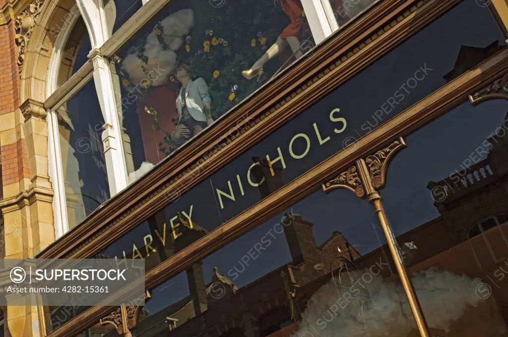 England, West Yorkshire, Leeds. A window of the Harvey Nichols store in Leeds.
