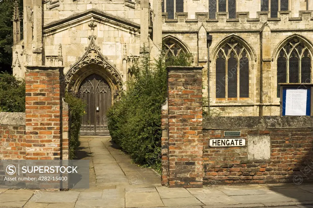 England, East Riding of Yorkshire, Beverley. Entrance to St Mary's Church on Hengate in the heart of Beverley.