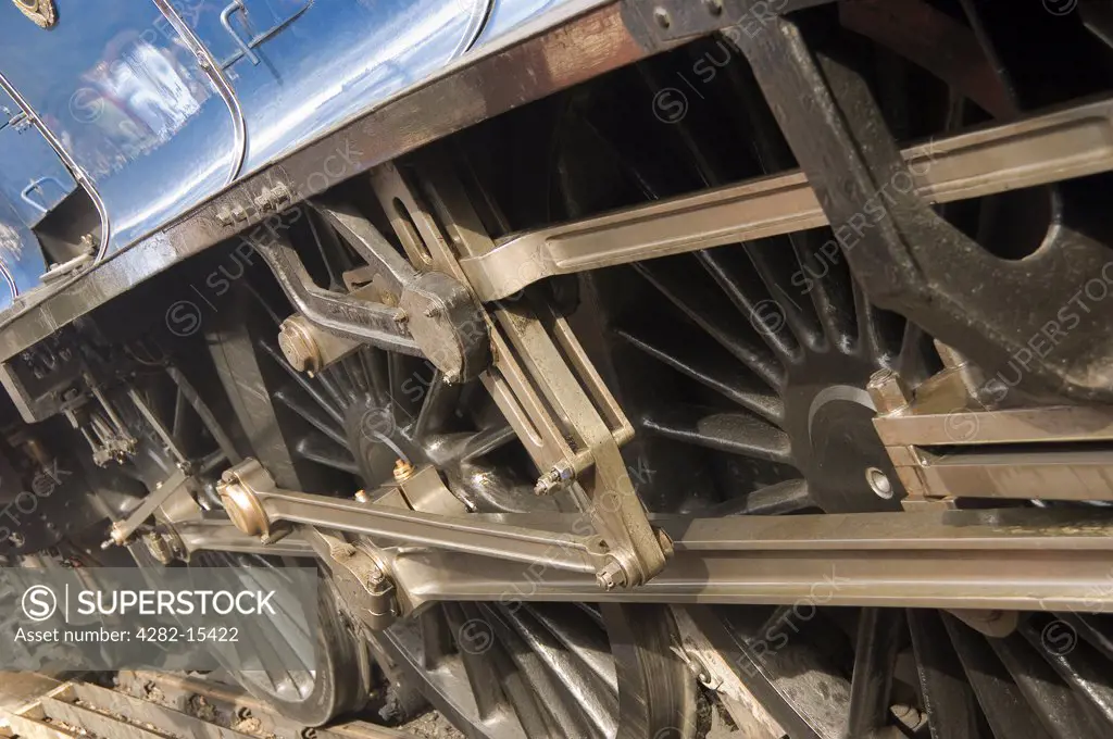 England, North Yorkshire, Goathland. Close up of the wheels of the steam locomotive Sir Nigel Gresley.