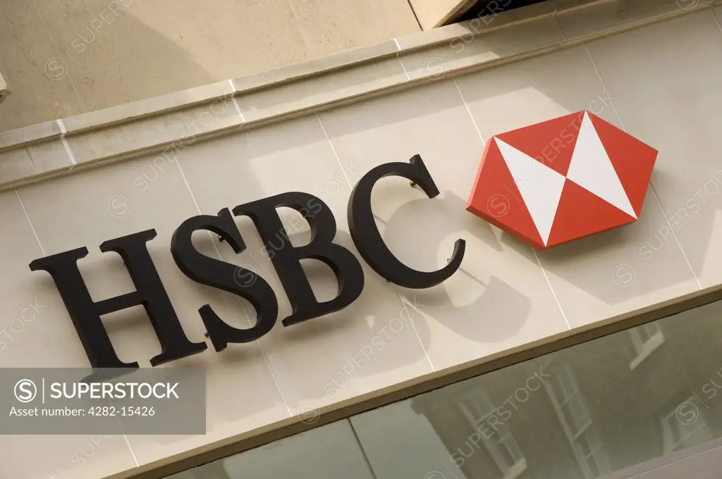England, North Yorkshire, York. An HSBC bank sign above a branch of the bank.