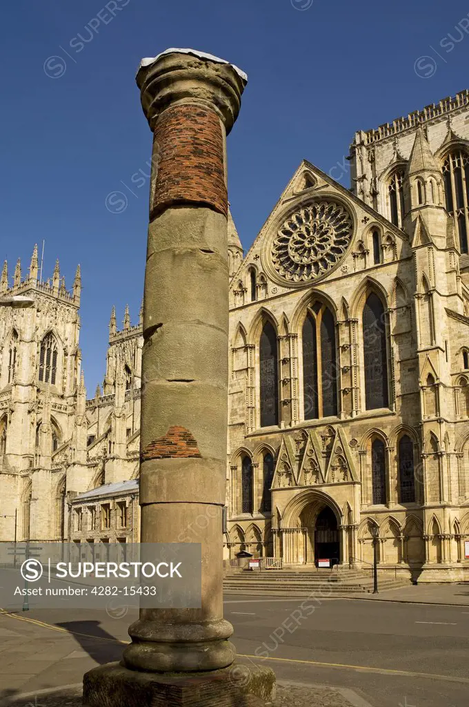 England, North Yorkshire, York. Roman Column opposite the South Transept of York Minster.