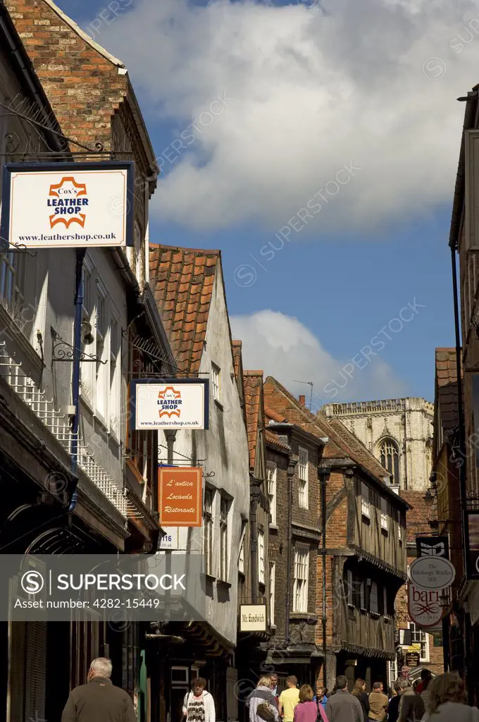 England, North Yorkshire, York. Europe's most visited street The Shambles, an historic, medieval, bustling street in the centre of York.