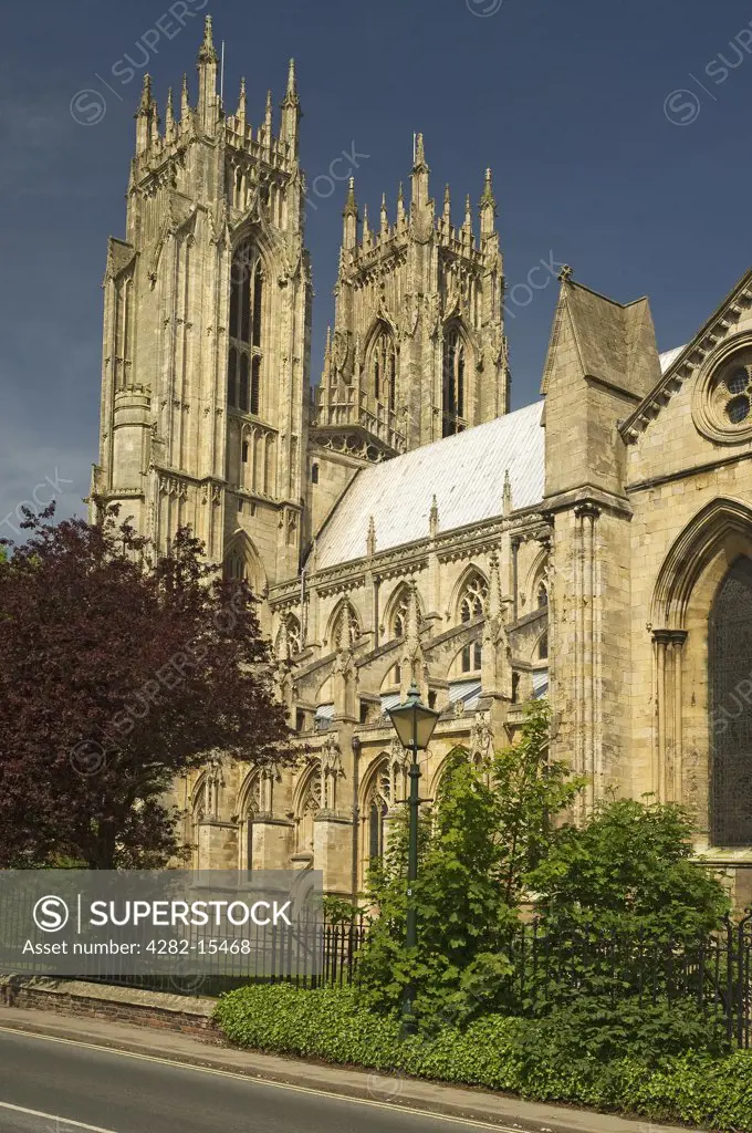 England, East Riding of Yorkshire, Beverley. The west towers of Beverley Minster, a parish church which is generally regarded as being the most impressive English church that is not a cathedral.