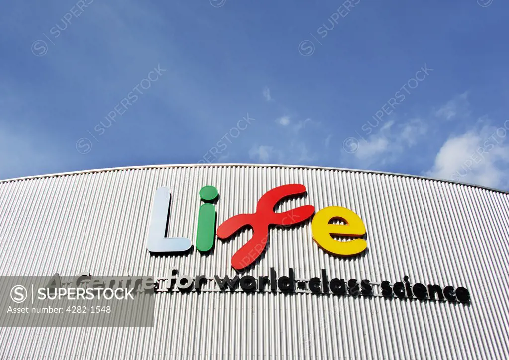 England, Tyne and Wear, Newcastle Upon Tyne. Life, a centre for world class science, written on the building at The Life Centre.