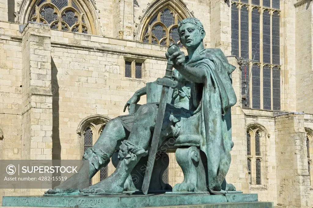 England, North Yorkshire, York. Bronze Statue of Constantine the Great outside the South Transept of York Minster. Constantine was hailed emperor in the Roman city of York in AD306.
