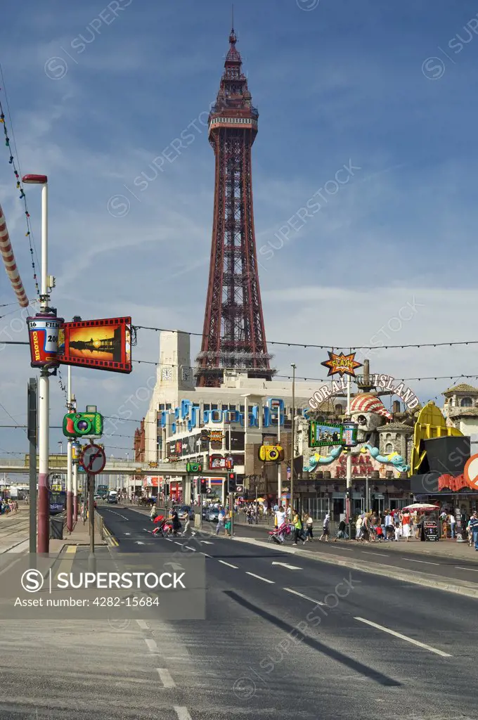 England, Lancashire, Blackpool. The Golden Mile and Blackpool Tower.