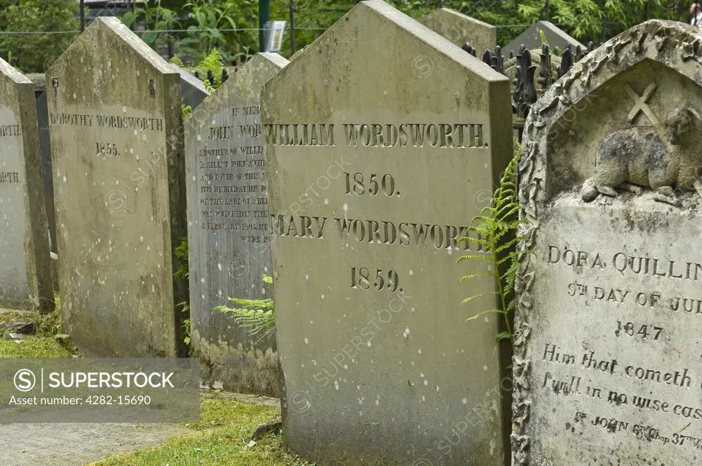 England, Cumbria, Grasmere. William and Mary Wordsworth grave together with other members of the Wordsworth family in St Oswalds churchyard.
