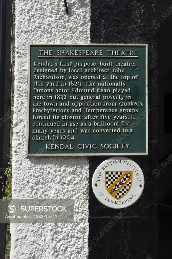 England, Cumbria, Kendal. Plaque to commemorate the former Shakespeare Theatre in Highgate, opened in 1829 but forced to close five years after opening by Presbyterians and Temperance groups.