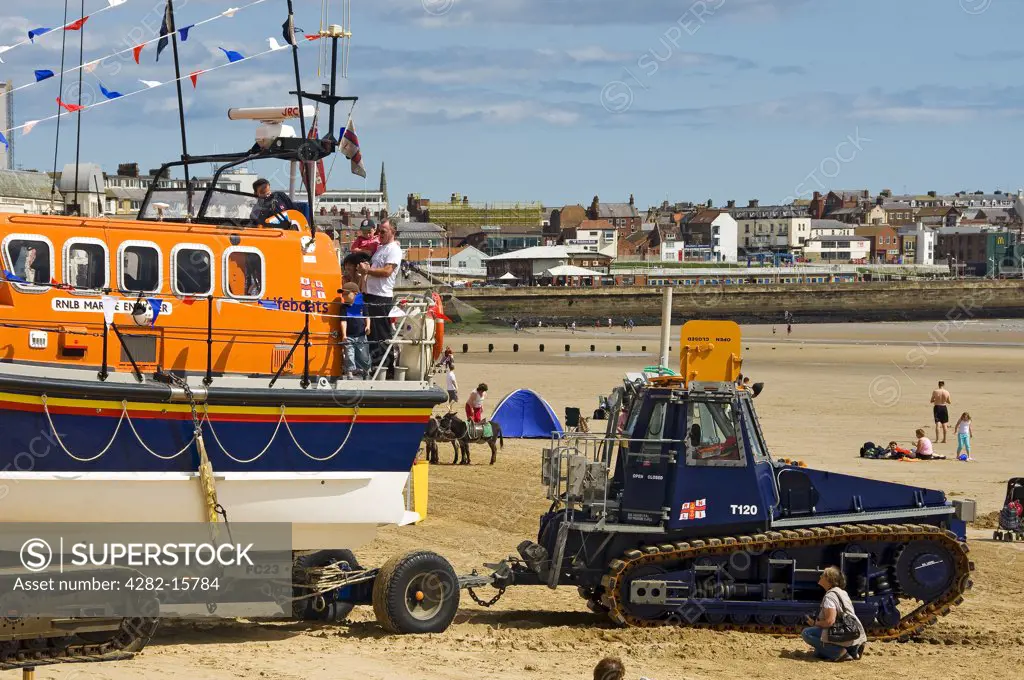 England, East Riding of Yorkshire, Bridlington. RNLI lifeboat 'Marine Engineer' being transported on the beach.