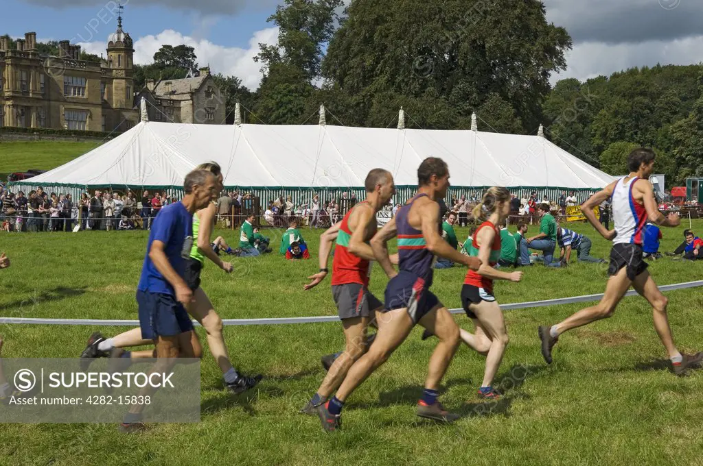 England, North Yorkshire, Gargrave. Runners at the start of a fell race at Gargrave Show, an annual country show near Skipton.