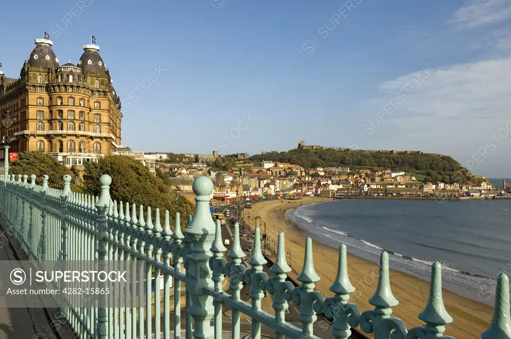 England, North Yorkshire, Scarborough. A view toward Scarborough from Scarborough Spa Bridge.