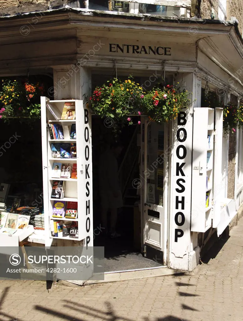Wales, Powys, Hay-on-Wye. Entrance of bookshop in the secondhand bookstore capital of the world.