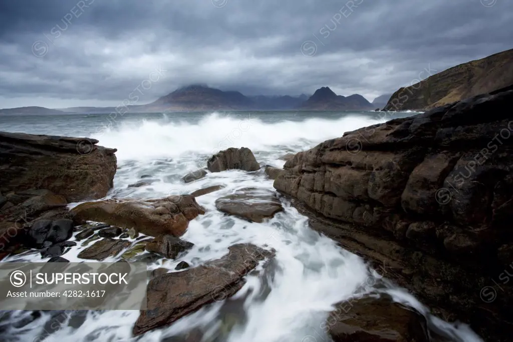 Scotland, Isle of Skye, Elgol. Stormy weather over the Cuillin ridge on the Isle of Skye.