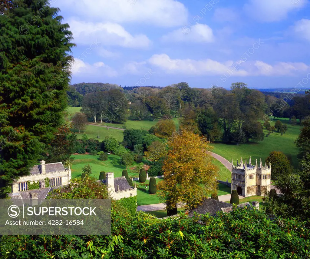 England, Cornwall, Bodmin. Lanhydrock House and estate in a wooded park overlooking the valley of the River Fowey, Bodmin. The house is a Grade I listed building and parts date back to the early 17th century though much of it was remodelled and enlarged by Thomas Agar-Robartes in 1857.