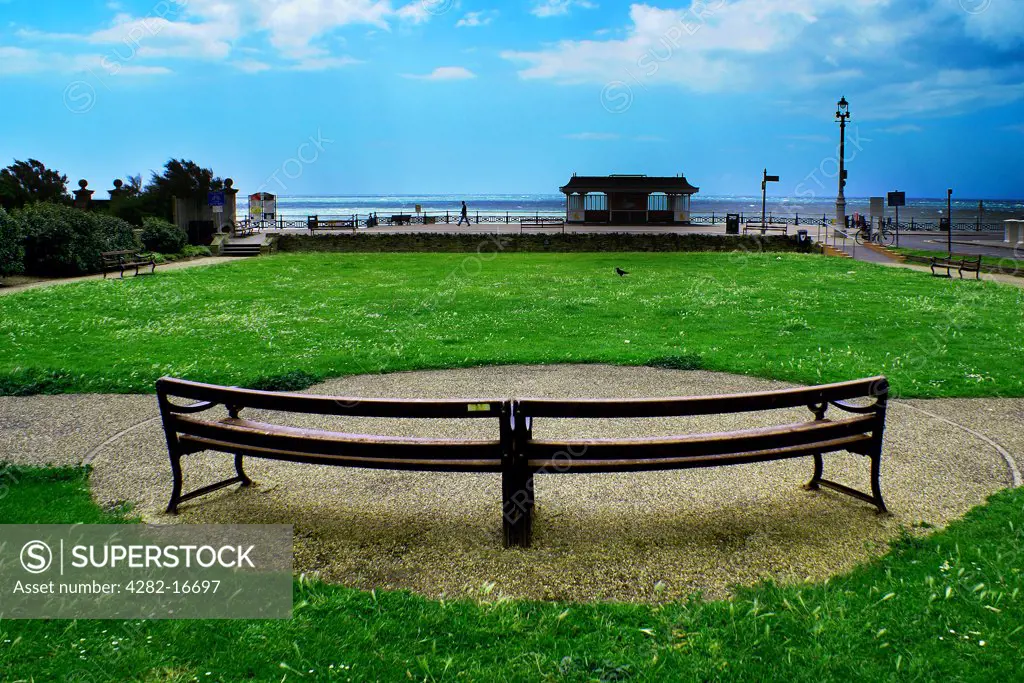 England, City of Brighton and Hove, Hove. Looking over a bench towards the sea at Hove.