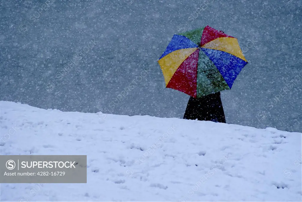 England, City of Brighton and Hove, Brighton. A person walking under a colourful umbrella in a snow storm on Brighton Beach.