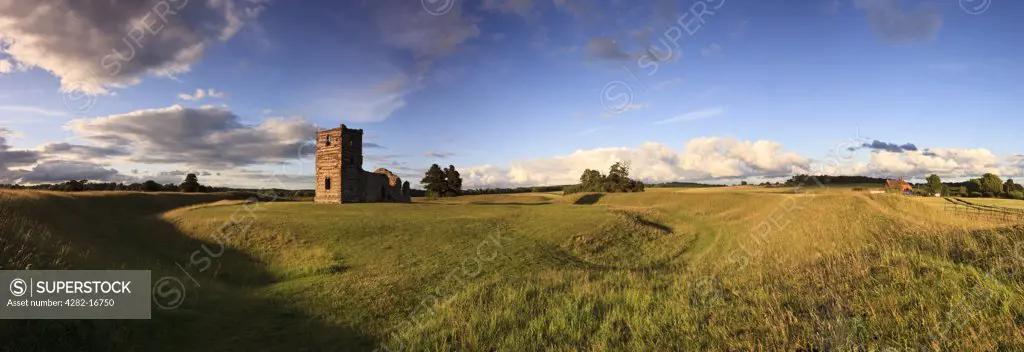 England, Dorset, Knowlton. Panoramic view of Knowlton Church and earthworks. The ruined medieval church is at the centre a Neolithic ritual henge earthwork.