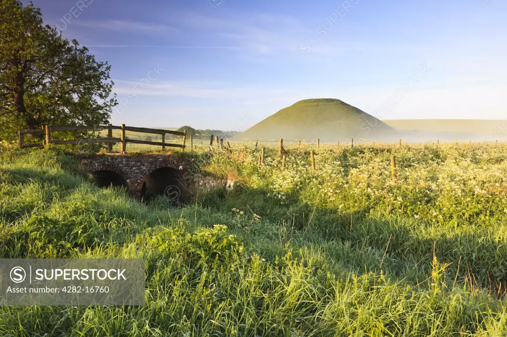England, Wiltshire, Silbury Hill. Silbury Hill, an artificial chalk mound, the tallest prehistoric human-made mound in Europe, on a misty summer morning.