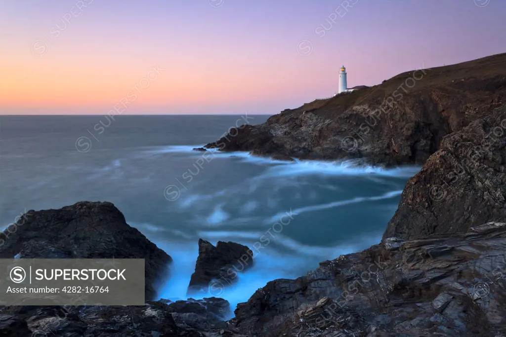 England, Cornwall, Trevose Head. Trevose Head Lighthouse on the north Cornish coast at sunset.