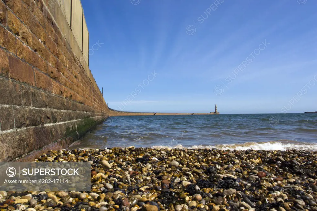 England, Tyne and Wear, Sunderland. Roker Pier and lighthouse at the mouth of the River Wear.