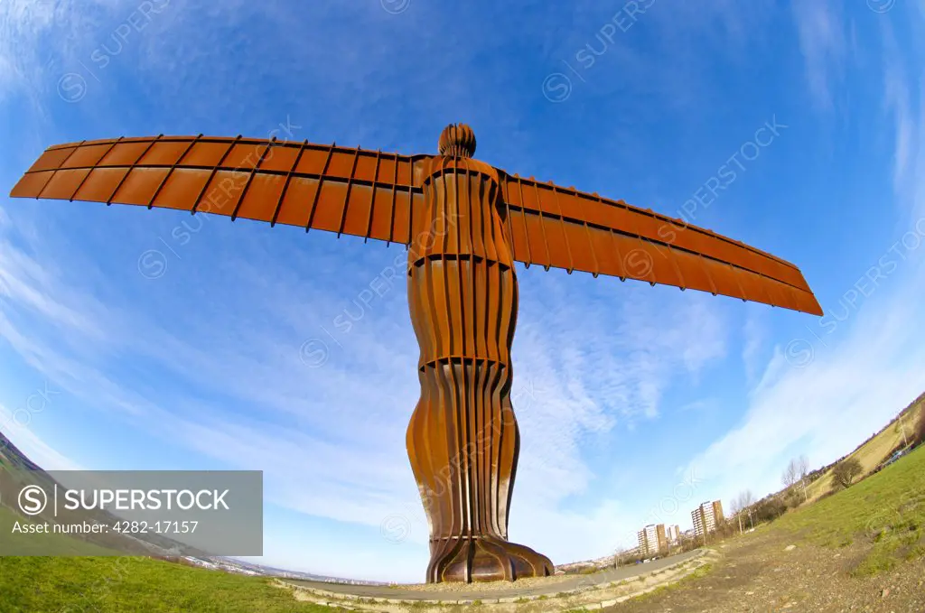 England, Tyne and Wear, Gateshead. The Angel of the North by Anthony Gormley. The sculpture was erected in 1998 and is made of 200 tonnes of steel with a wingspan of 54 metres.