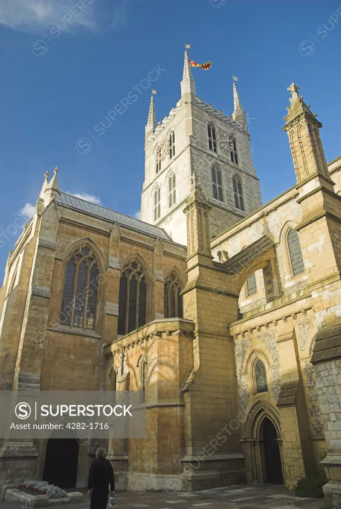 England, London, Southwark Cathedral. An exterior view of Southwark Cathedral on a clear day.