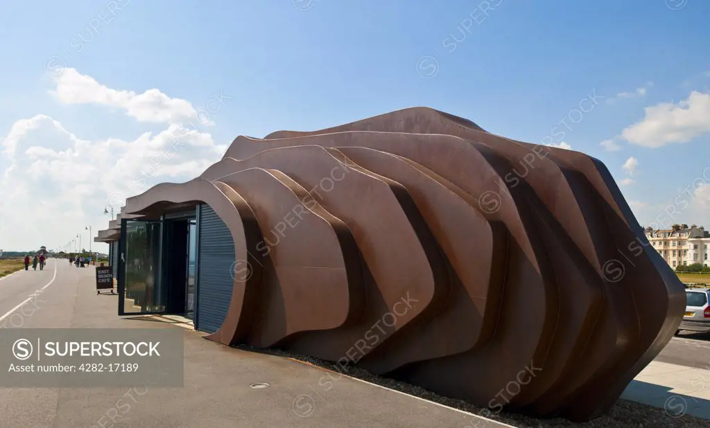 England, West Sussex, Littlehampton. East Beach Cafe on the seafront at Littlehampton. The design for the building is inspired by a piece of driftwood and reflects the natural shapes of the sea and coast.