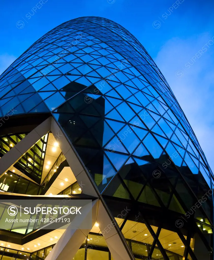England, London, City of London. Architectural detail of 30 St Mary Axe also known as the Gherkin.