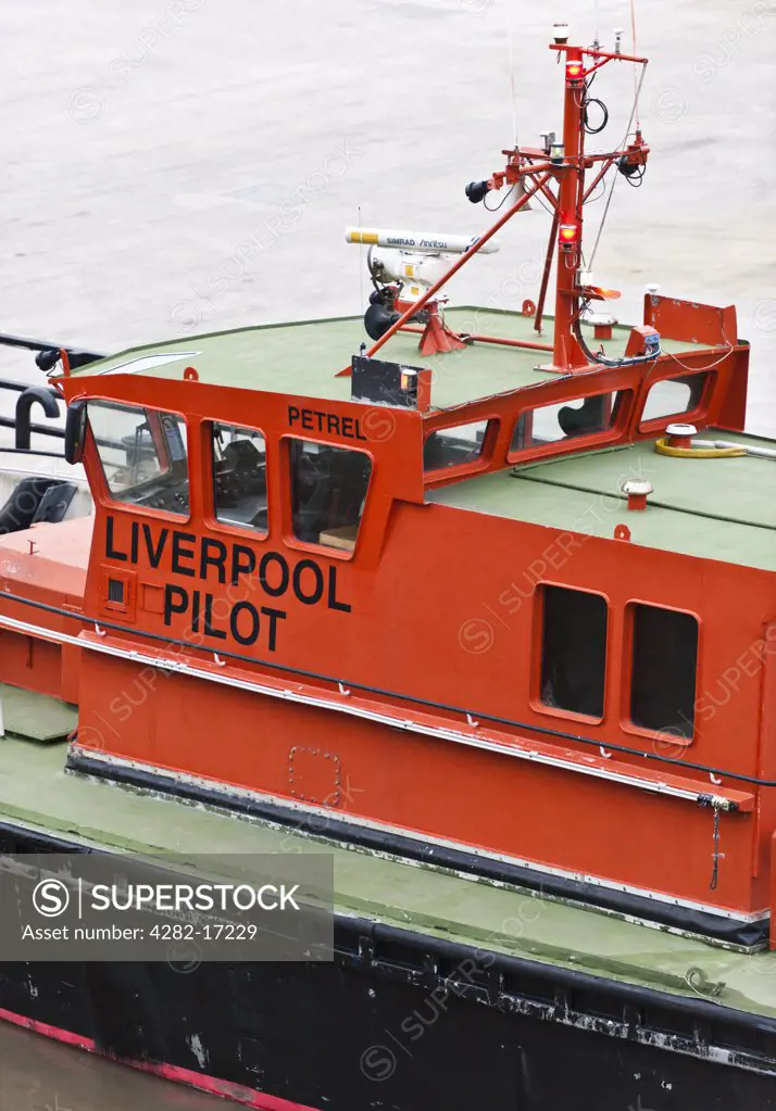 England, Merseyside, Liverpool. Detail of the wheelhouse of the Liverpool Pilot Boat, Petrel. Pilot boats are used to ferry pilots out to ships to help bring them safely into port.