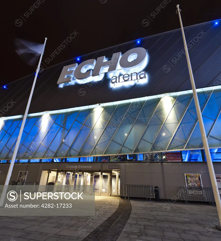 England, Merseyside, Liverpool. The entrance to Echo Arena Liverpool on the former King's Dock at night.