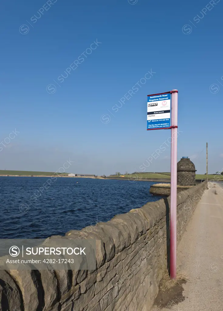 England, West Yorkshire, Huddersfield. Bus stop next to Ringstone reservoir above Huddersfield on the Yorkshire Moors.