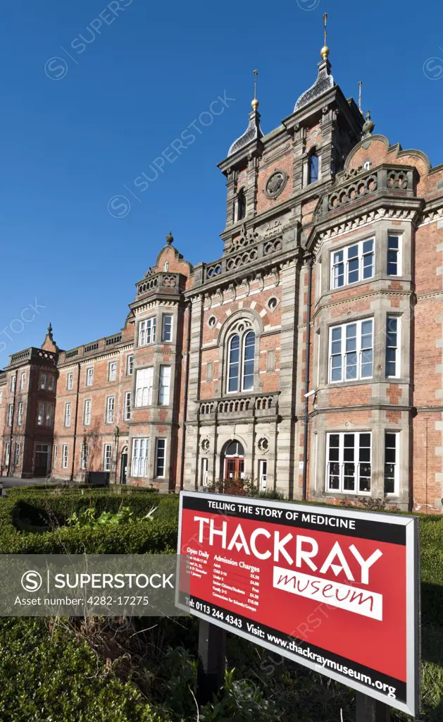 England, West Yorkshire, Leeds. Front entrance to the Thackray Medical Museum, with sign in the foreground.  The museum is housed in a converted former Victorian workhouse.