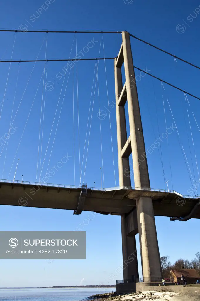 England, East Riding of Yorkshire, Hessle. The North Tower of the Humber Bridge, the fifth-largest single-span suspension bridge in the world.