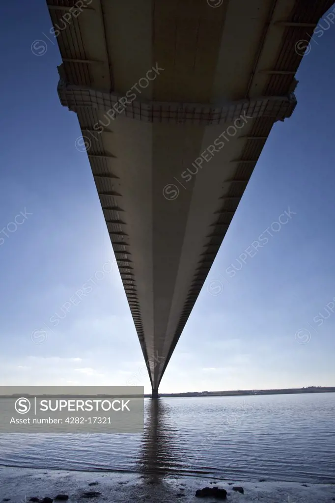 England, East Riding of Yorkshire, Hessle. The Underside of the Humber Bridge, the fifth-largest single-span suspension bridge in the world.