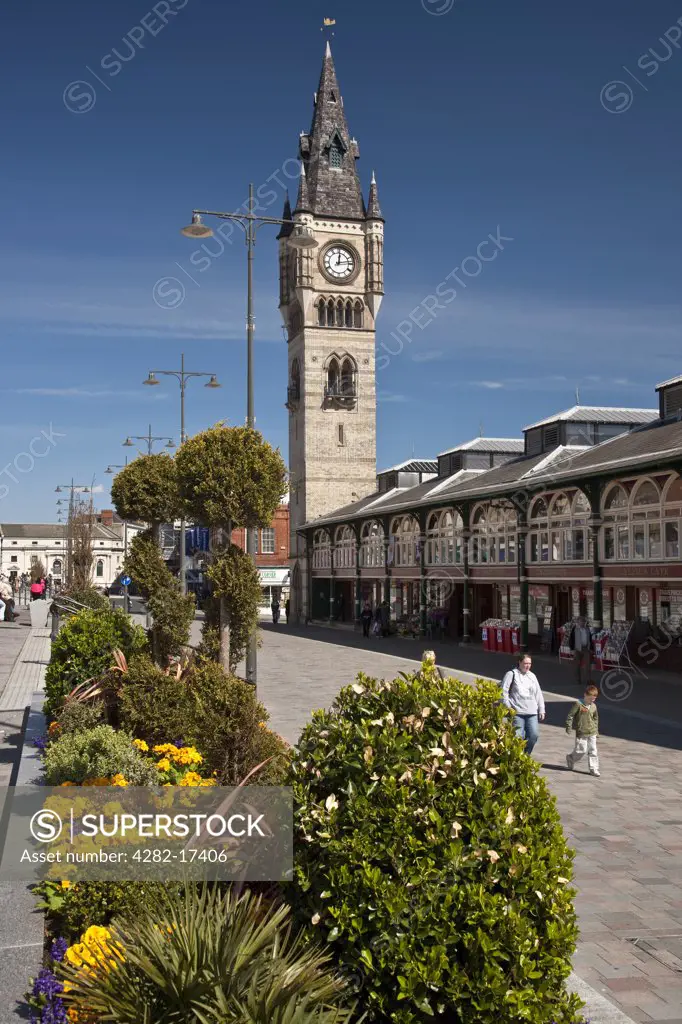 England, County Durham, Darlington. Market Square Clock Tower by the Victorian Market Hall in the centre of Darlington.