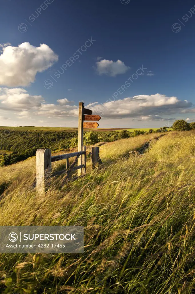 England, North Yorkshire, Sutton Bank. Footpath sign by a gate on the Cleveland Way north of Sutton Bank.