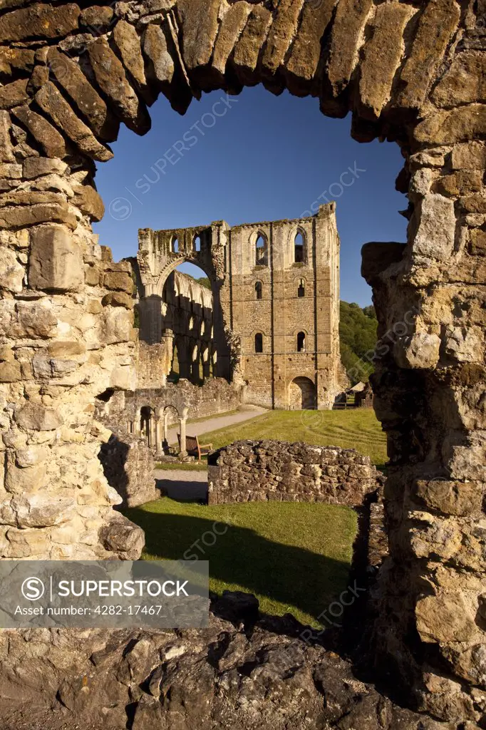England, North Yorkshire, Helmsley. The ruins of Rievaulx Abbey, a former Cistercian abbey founded in 1132 and dissolved by Henry VIII in 1538.