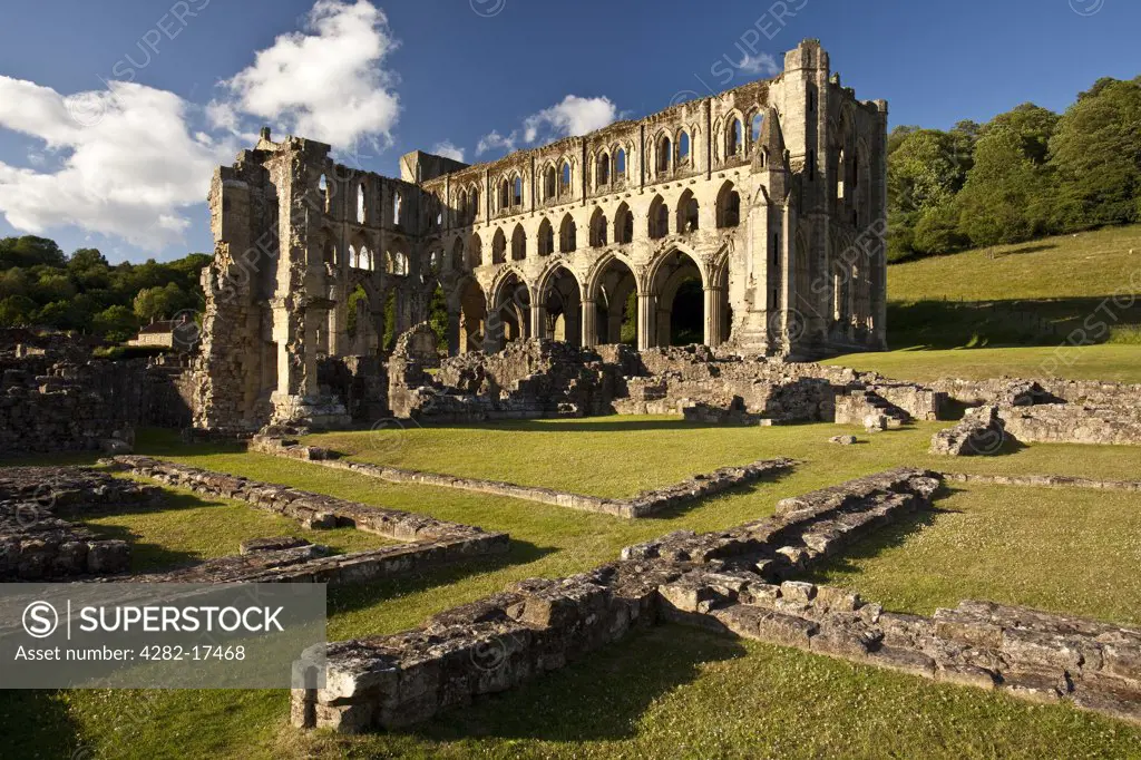 England, North Yorkshire, Helmsley. The ruins of Rievaulx Abbey, a former Cistercian abbey founded in 1132 and dissolved by Henry VIII in 1538.