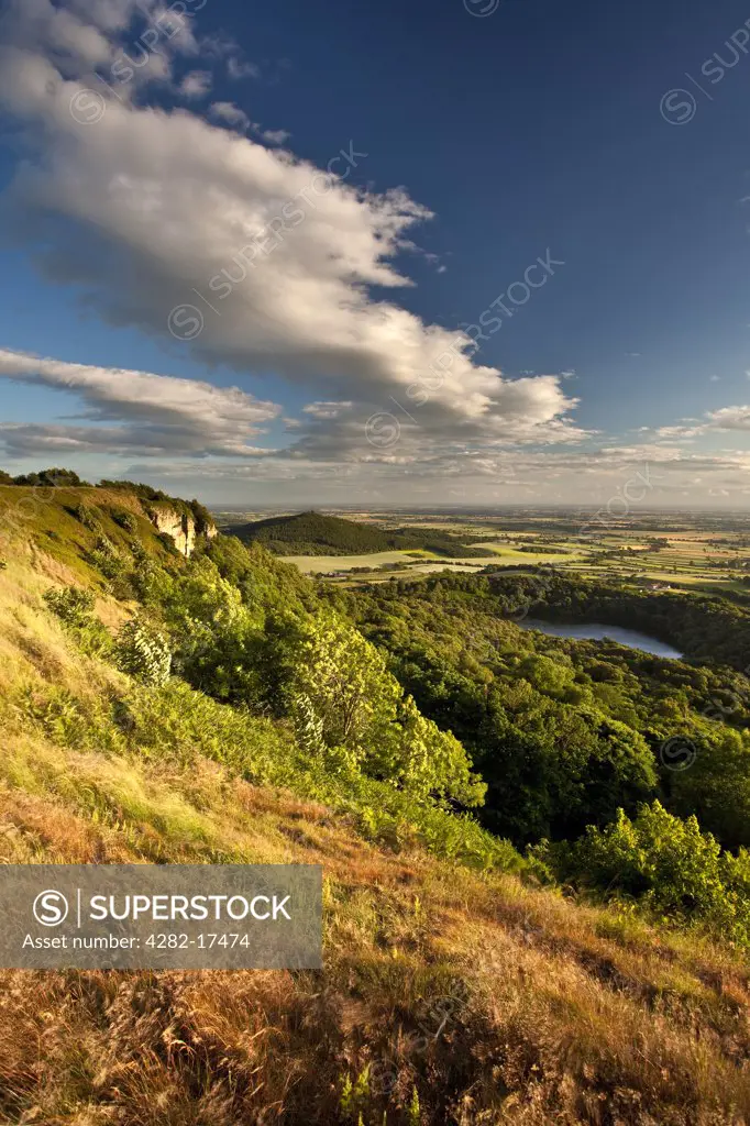 England, North Yorkshire, Sutton Bank. Whitestone Cliff, Lake Gormire and Hood Hill near Sutton Bank.