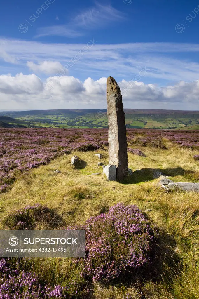 England, North Yorkshire, Blakey Ridge. Standing Stone overlooking Farndale on Blakey Ridge in the North York Moors National Park.