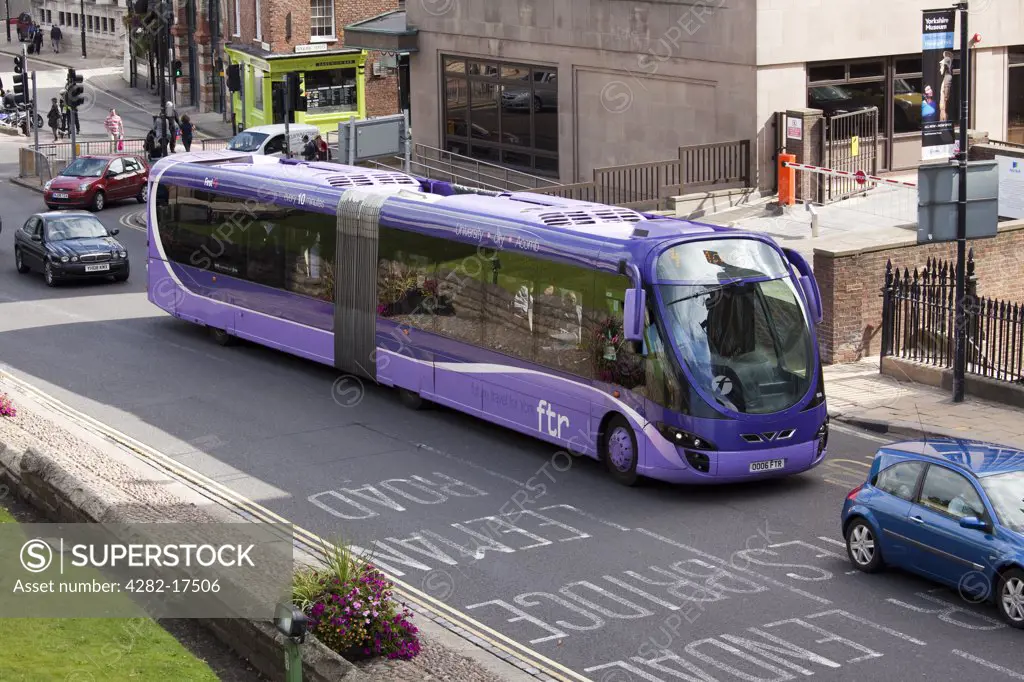England, North Yorkshire, York. A FTR bus on route 4 in the centre of York. FTR is short for 'future' and is an example of bus rapid transport, combining a number of innovations to improve transport efficiency and service.