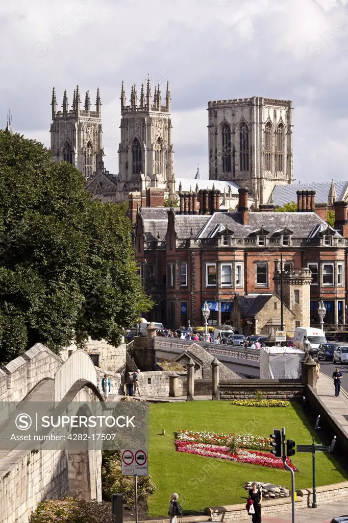 England, North Yorkshire, York. York Minster viewed from the City Walls at Station Road.