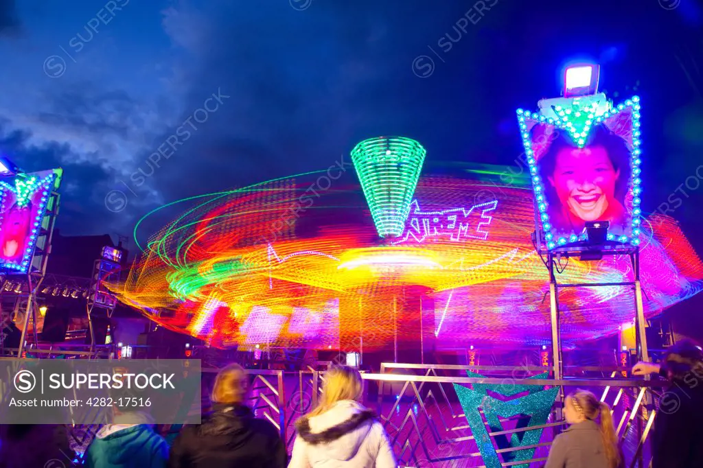 England, North Yorkshire, Stokesley. A fairground ride at Stokesley fair, held in the High Street every September.