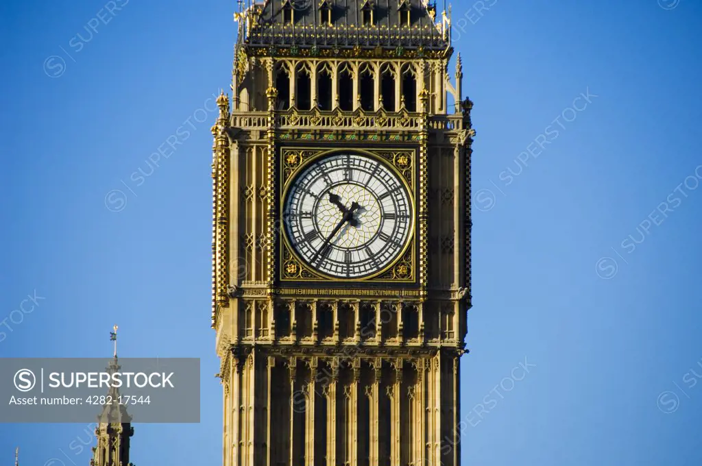 England, London, Westminster. The iconic clockface of Big Ben, one of London's most famous landmarks.