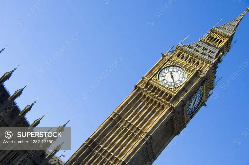 England, London, Westminster. Angled view of the iconic clocktower of Big Ben, one of London's most famous landmarks.